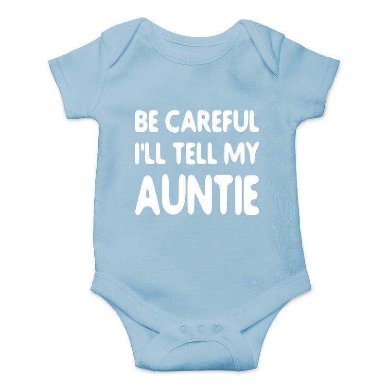 CBTwear Be Careful I'll Tell my Auntie - Baby Clothes - Funny Newborn Bodysuit Outfits for Boys and Girls (6 Months, Light Blue) - Image 1
